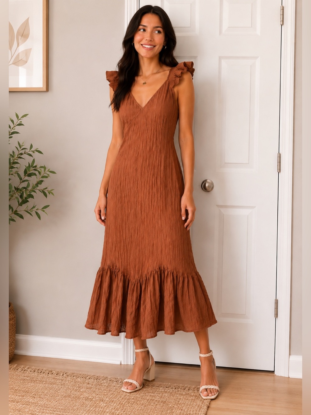 STORIA Ruffle-Sleeve Midi Dress